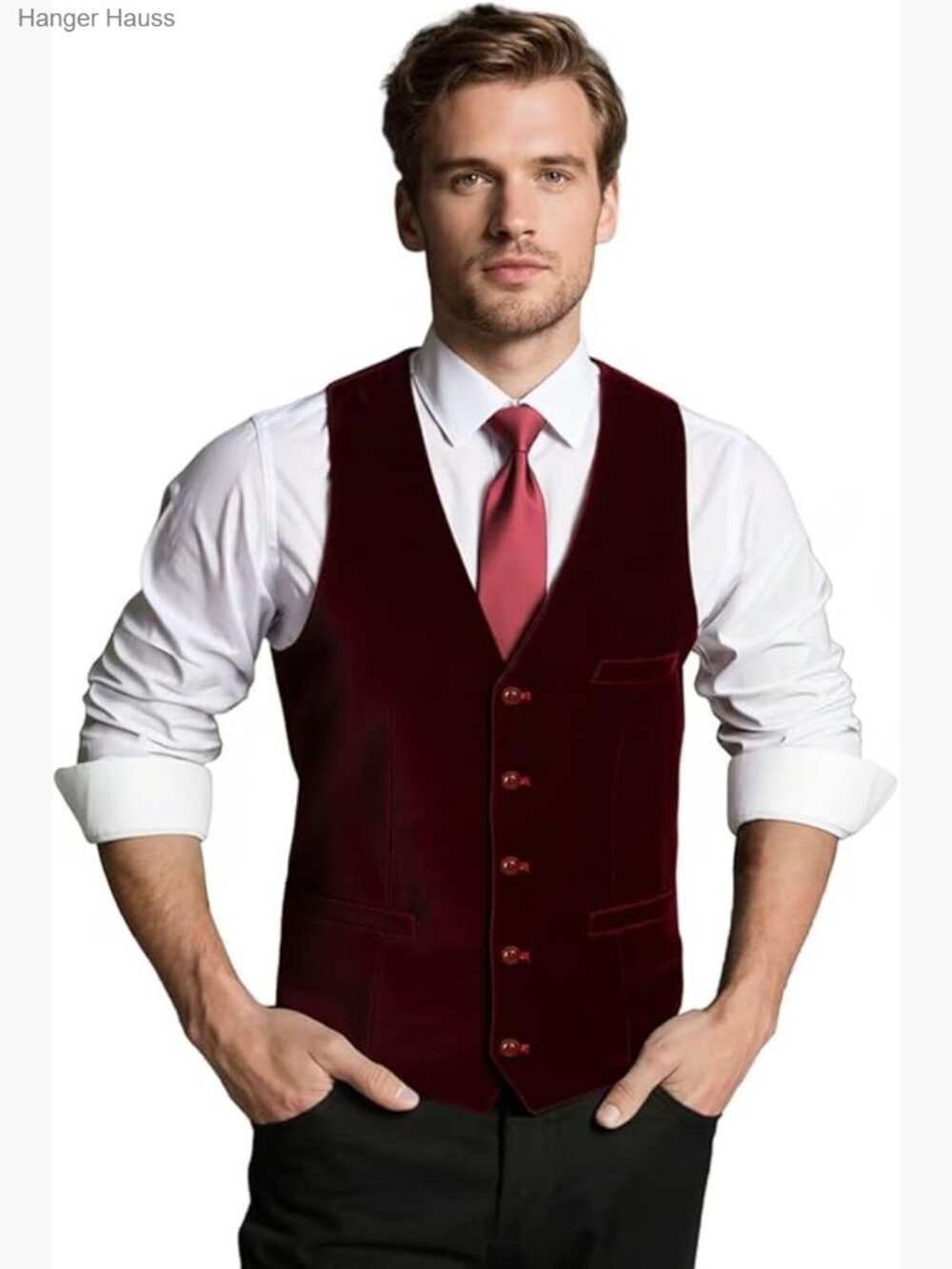 Men's Velvet V-Neck Slim Fit Dress Vest - 4 Button Suit Waistcoat